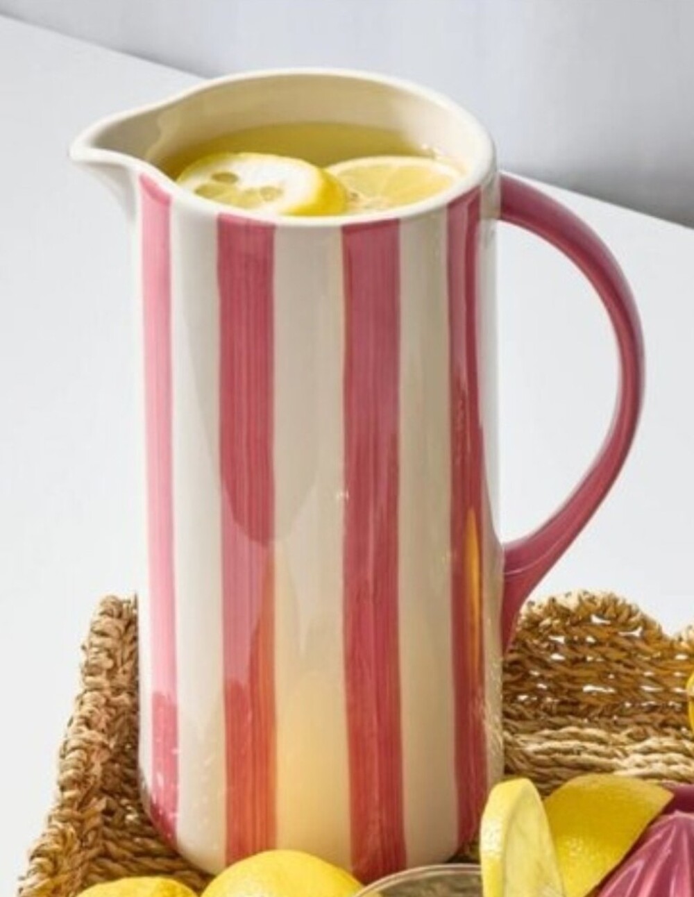 Noon & Moon Pink & White Striped Ceramic Pitcher New In Box Retail $98 - Picture 1 of 12